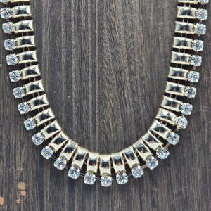 Bib Rhinestone Necklace Gold Tone Metal Collar Statement Costume Fashion Jewelry